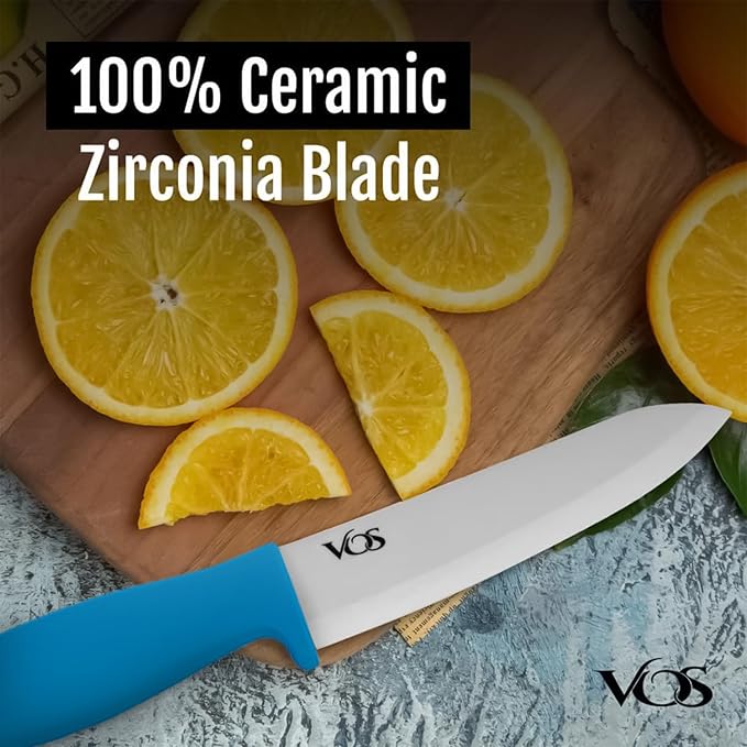 Vos Ceramic Knife Set with Peeler, Ceramic Knives Set For Kitchen, Ultra Sharp Kitchen Knife Set with Covers, 3" 4" 6" Paring, Utility & Chef Knife, Ultra Sharp, Lightweight, Dishwasher safe (Blue)