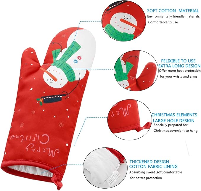 Oven Mitts and Potholders BBQ Gloves-Oven Mitts and Pot Holders with Recycled Infill Silicone Non-Slip Cooking Gloves for Cooking Baking Grilling (4-Piece Set) (Red Christmas Snow)