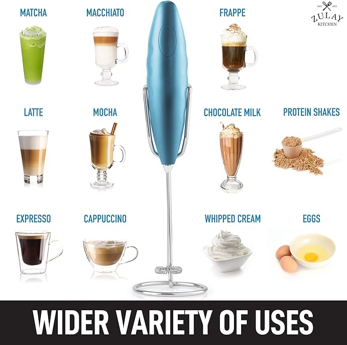 Zulay Double Grip Milk Frother with Holster Stand – Handheld Electric Coffee Frother, One-Touch Foam Maker – Detachable SS Whisk for Latte, Cappuccino, Matcha, Hot Chocolate – Metallic Ice Blue