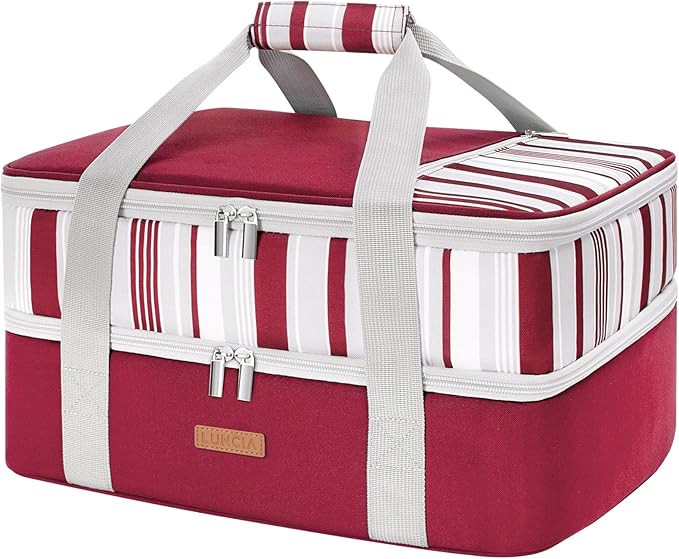 LUNCIA Double Decker Insulated Casserole Carrier for Hot or Cold Food, Lasagna Lugger Tote for Potluck Parties/Picnic/Cookouts, Fits 9"×13" Baking Dish, Red