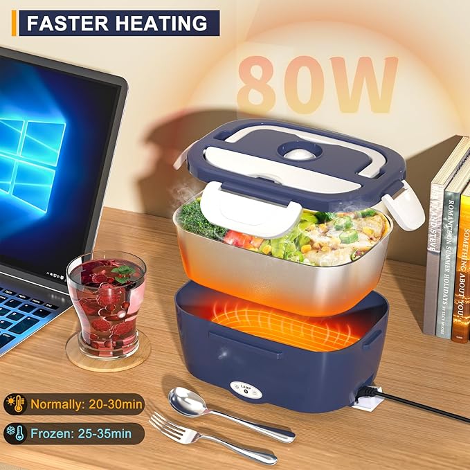 Monteka Electric Lunch Box Food Heater - Leakproof Portable Food Warmer heated lunch box for adults for Car/Home/Truck with 1.5L Removable Stainless Steel Container, 60W, 12V/24V/110V, DarkBlue