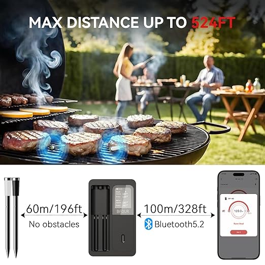 BFOUR 524FT Meat Thermometer Digital Wireless with Smart App, Bluetooth Smoker Cooking Thermometer with LCD Booster, IP67 Waterproof & 752°F Heat Resistance 2 Meat Probes for Food Grill Oven and BBQ