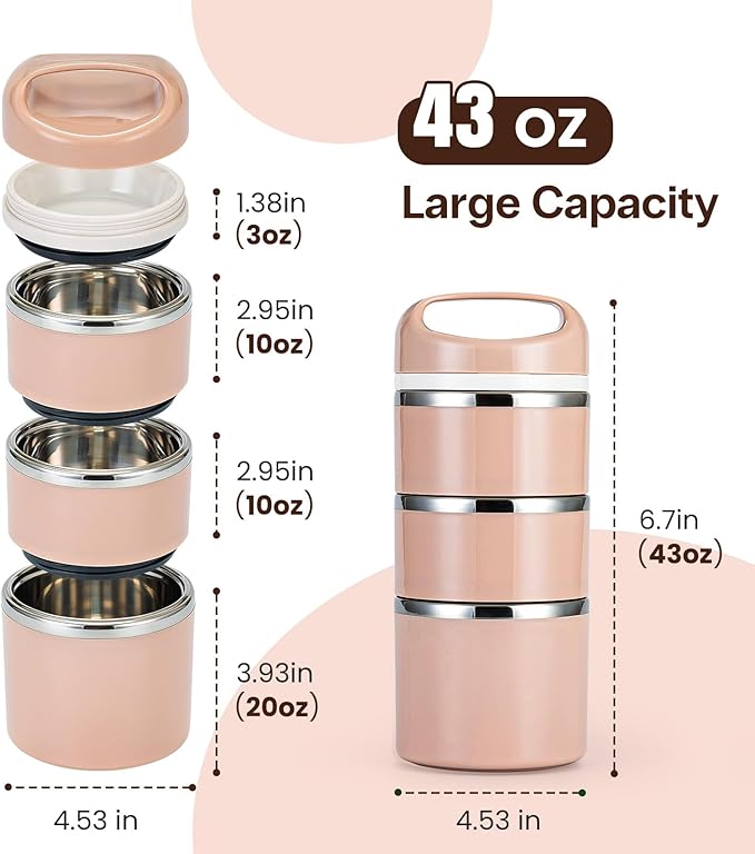 Lille Home Stackable Stainless Steel Lunch Containers, 43OZ Capacity 3 Layers Leakproof Bento Box for Adult, Portable Lunch Box for Women, Man, Travel, Office with Lunch Bag (Gold.Pro)