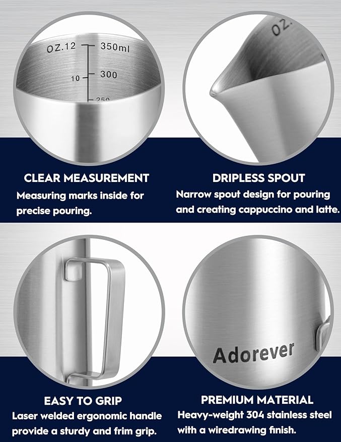 Adorever Milk Frothing Pitcher, 12oz Stainless Steel Milk Frother Cup Steaming Pitcher, Cappuccino Espresso Accessories Coffee Bar Barista Tools, Steamer Cup Milk Jug with Latte Art Pen, Matte Steel