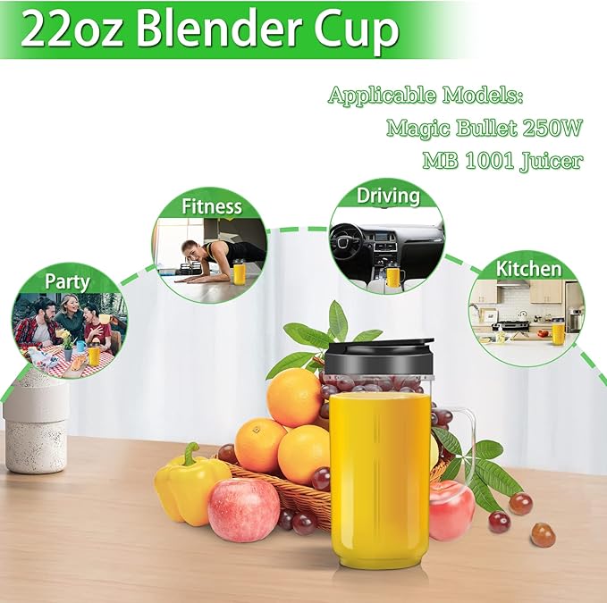 2 Packs Replacement for Magic Bullet Blender Cups, Tall 22oz Cup w/Flip-Top To-Go Lid, Blender Replacement Parts, Mug with Handle Compatible with Magic Bullet 250w MB1001
