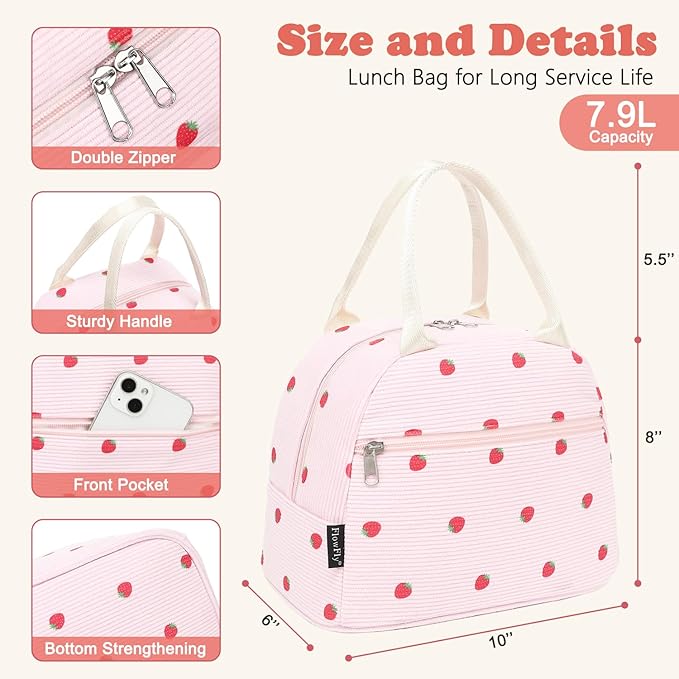 FlowFly Insulated Lunch Bag for Women – Corduroy Lunch Tote Box, Cute Cooler Bag for Work, Travel, Picnic,Corduroy Strawberries Pink