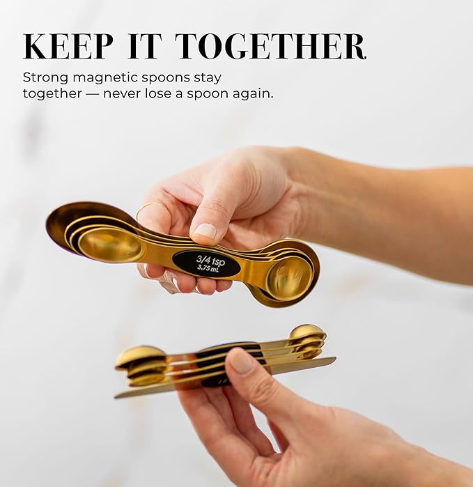 Magnetic Measuring Spoons Set – Stainless Steel Gold Measuring Spoons for Cooking and Baking – Cute and Durable Gold Kitchen Accessories - Great for Gifting