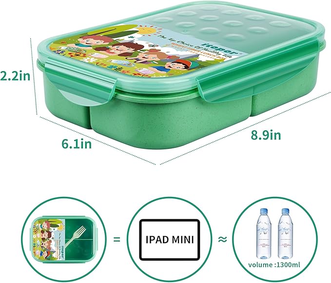 Wheat Straw Adult Lunch Box, Leakproof Bento Box for Kids, BPA-Free Microwave Safe Lunch Containers with 3 Compartments (Green, 5.5 cup)