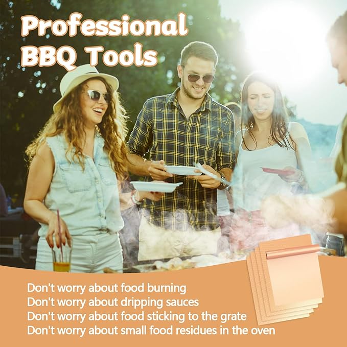 Copper Grill Mats for Ourdoor Grill Set of 6,Heavy Duty Non-Stick BBQ Grill Mats,Reusable & Easy to Clean for Gas,Charcoal & Electric Grills-15.75 x 13 Inch