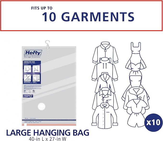 Hefty Shrink-Pak Vacuum Storage Bags - Space Saver for Under Bed Storage, Clothing and Comforters, 3X More Storage Space - 3 Large Hanging Bags