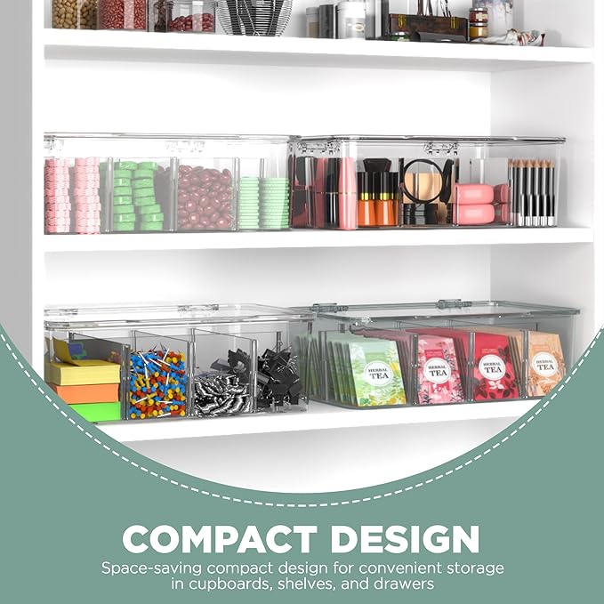 Utopia Home - Tea Bag Organizer With Lids, (2 Pack) Clear Pantry Storage Box - Stackable Partition Organizers or Holder With Lids For Drawers, Countertops, Fridge, Kitchen, Snack & Spice Organization