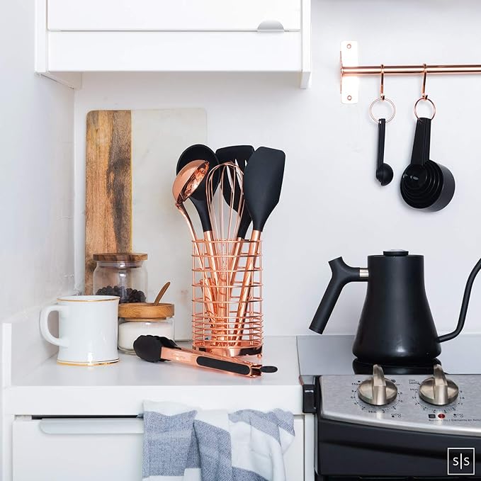 Black and Copper Kitchen Utensils with Holder - 17 Piece Set with Measuring Cups and Spoons, Rose Gold Cooking Tools - Stylish Black and Copper Kitchen Accessories for Modern Cooking and Baking