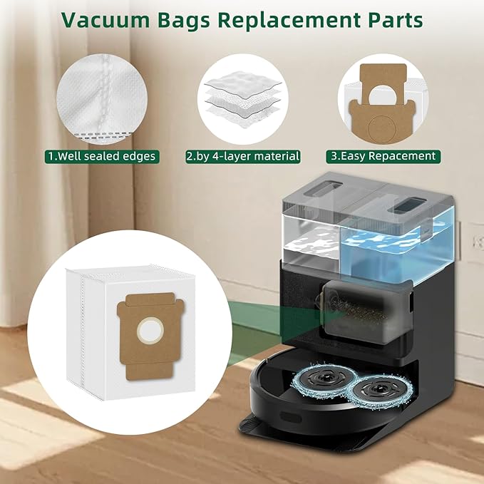 26 Pack Replacement Kits for irobot Roomba Plus 405 Combo & 505 Combo Vacuum Cleaner, 2 Roller Brush, 6 Filters, 6 Side Brush, 6 Mop Pads, 6 Vacuum Bags Replacement Parts, 1 cleaning brush