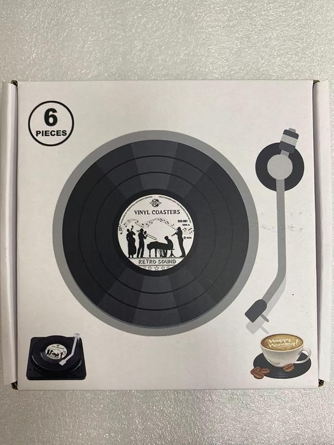 Valdivia Funny Retro Vinyl Record Coasters with Player, 6 Pcs Music Coasters for Drinks, Bars, Party, Birthday Gifts for Music Lovers, Home Decor Housewarming and White Elephant Gifts Ideas