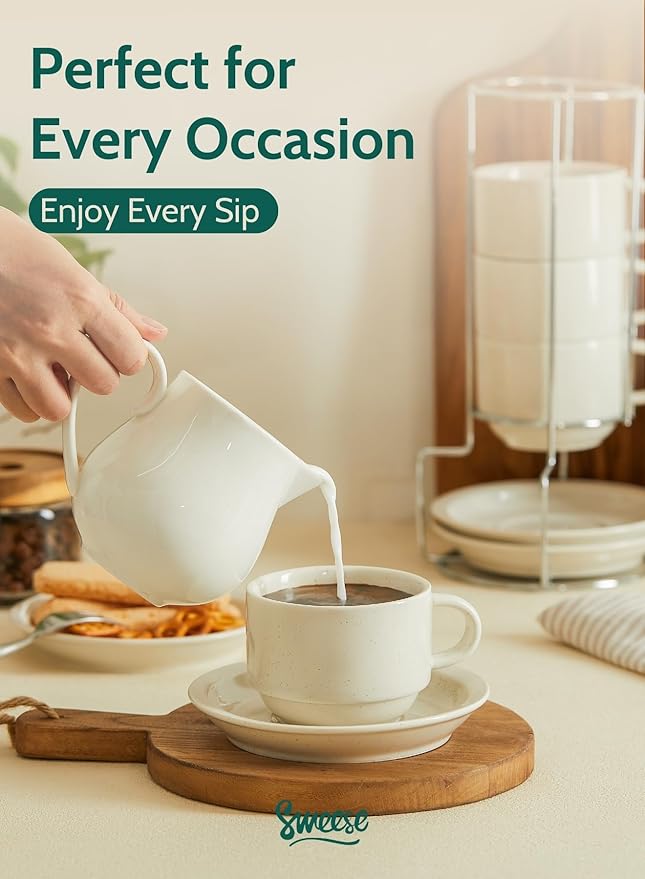Sweese Porcelain Cappuccino Cups Set - 8 oz Stackable Coffee Mugs with Saucers, Metal Stand, Dove Grey, Set of 4