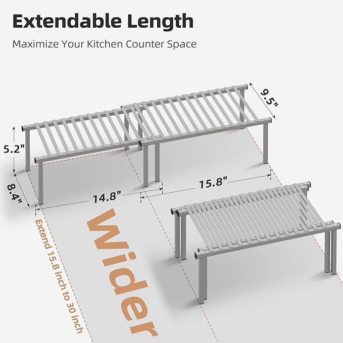 STORAGE MANIAC Set of 4 Expandable Kitchen Cabinet Organizer Shelf Kitchen Counter Shelves Spice Rack Kitchens Storage Wire Shelf Adjustable Metal Pantry Storage for Plate Dish, Grey