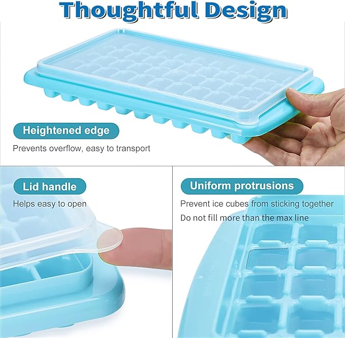 Ice Cube Trays 2 Pack with Lids and Bin for Freezer, Easy Release 55 Mini Nugget Ice Trays, Stackable Small Ice Cube Mold, Ice Maker Tray & Storage Box, Durable Plastic, BPA Free, Blue, ARTLEO