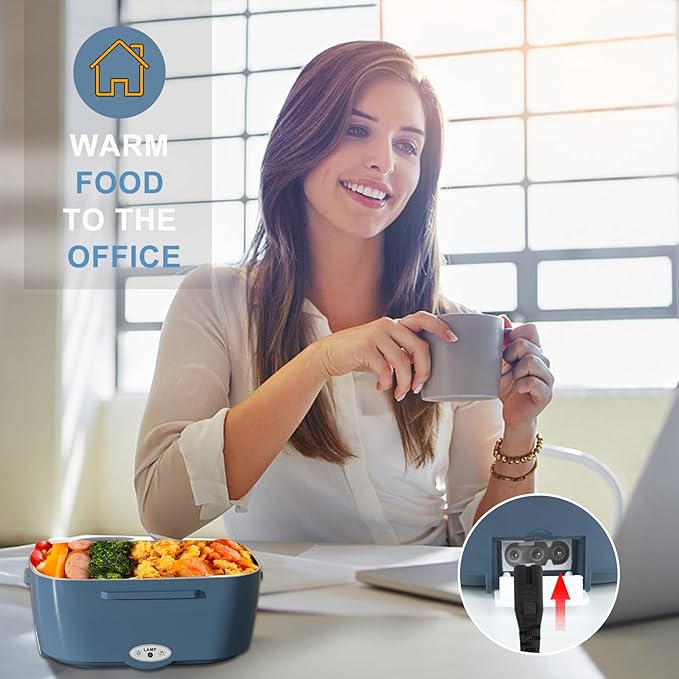 Monteka Electric Lunch Box Food Heater - Leakproof Portable Food Warmer heated lunch box for adults for Car/Home/Truck with 1.5L Removable Stainless Steel Container, 12V/24V/110V, Blue