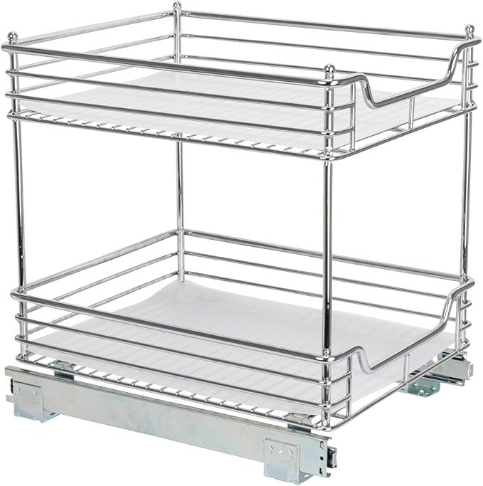 Household Essentials Glidez Chrome-Plated Steel Pull-Out/Slide-Out Storage Organizer with Plastic Liners for Under Cabinet Use - 2-Tier Design - Fits Standard Size Cabinet or Shelf, Chrome