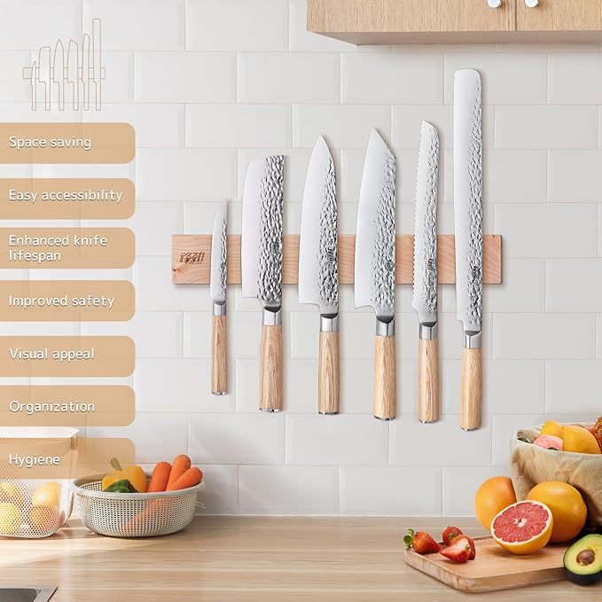 FINDKING 7PCS Kitchen Knife Set, with Wooden Magnetic Knife Holder, Elegant Japanese Chef Knives Set, Sharp Stainless Steel Blade, Pakka Wood Handle, for Daily Cooking (Michelia Series)