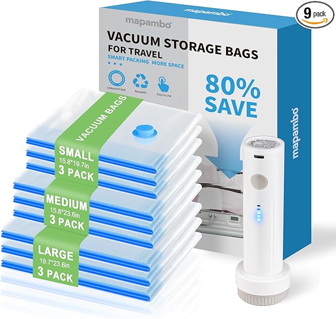 Mapambo Vacuum Seal Bags for Clothing Travel with Electric Pump, 9 Pack Vacuum Bags in 3 Combo sizes, Space Saver Vacuum Storage Bags, Reducing Luggage Volume by up to 80% (9 Combo Travel Size)