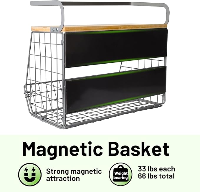 Ofiray-home Magnetic Fridge Shelf with Wood Lid, Fruit Potato Onion Storage Bins, Pantry Organizers, Large Container Spice Rack for Refrigerator, Kitchen Counter, Cabinet (1, Silver)