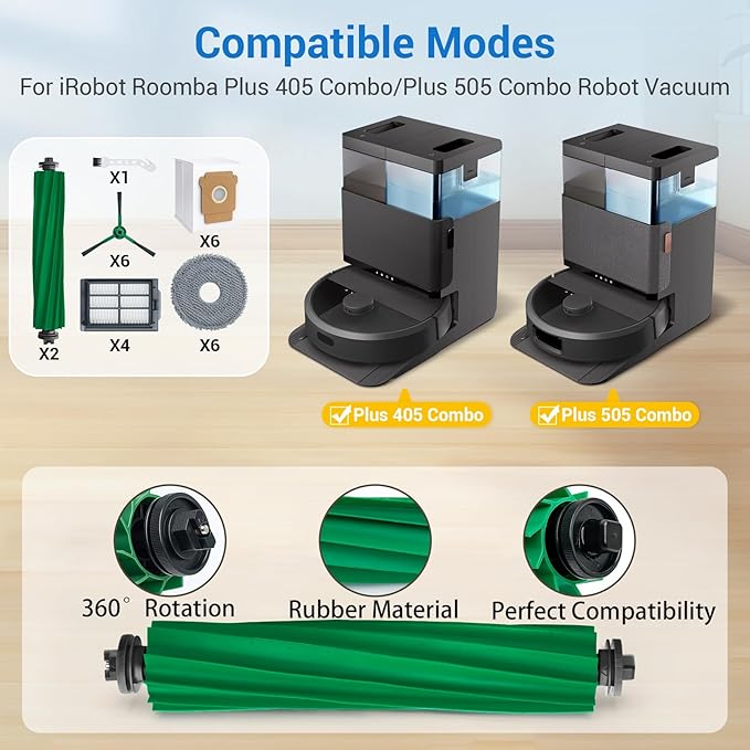 Plus 405 Combo Replacement Parts for Roomba Plus 405 Combo Plus 505 Combo Robot Vacuum Cleaner Parts with 2 Roller Brush, 4 HEAP, 6 Mops, 6 Dust Bags, 6 Side Brushes, 1 Clean Brush