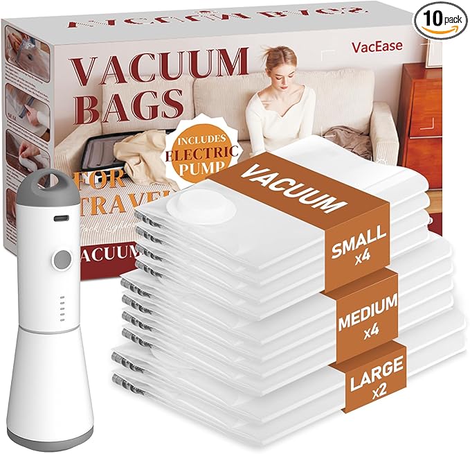 Vacuum Storage Bags for Clothing Travel, 10 Pack Vacuum Bags with Rechargeable Cordless Air Pump(2 Large+4 Medium+4 Small), Compression Packing for Clothes Blanket Suitcase Luggage