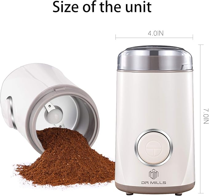 DR MILLS DM-7441W Coffee Grinder Electric, Coffee Bean and Dried Spice Grinder, One Touch Operation, Blade and Cup Made with SUS304 Stainless Steel (White)