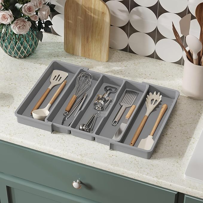 Lifewit Plastic Utensil Organizer for Kitchen Drawers, Expandable 13 to 22.4 Inches Wide, Adjustable Cutlery Silverware Flatware Holder, Kitchen Spatula Tools and Gadgets Storage Divider, Large, Gray
