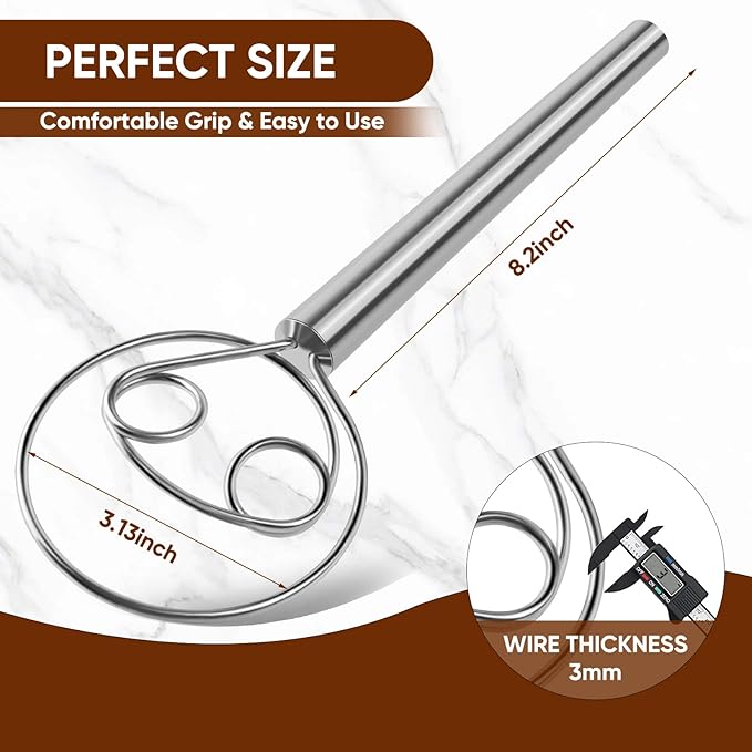 Maxjoy Danish Dough Whisk Stainless Steel Hook Dutch Style Bread Mixer for Sourdough Making Tool
