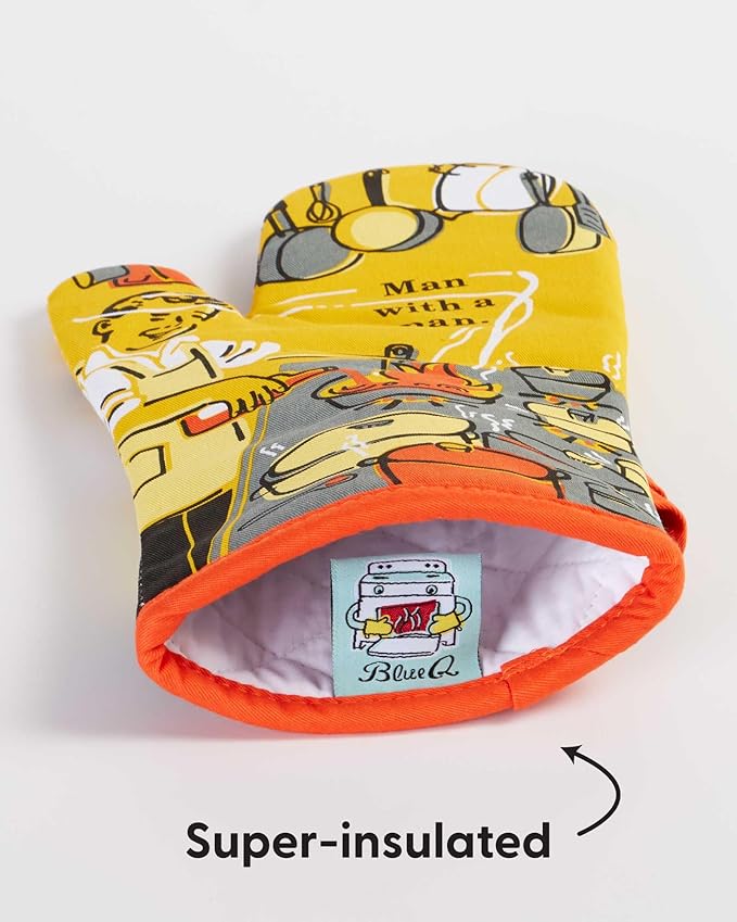 Blue Q Man With a Pan Funny Oven Mitts - Cute Oven Mitts, Home Kitchen Gifts, Cooking Accessories, Super-Insulated Quilting, Comfy Natural-Fitting Shape, 100% Cotton, Machine Wash, Size 12.5"L x 7.5"W