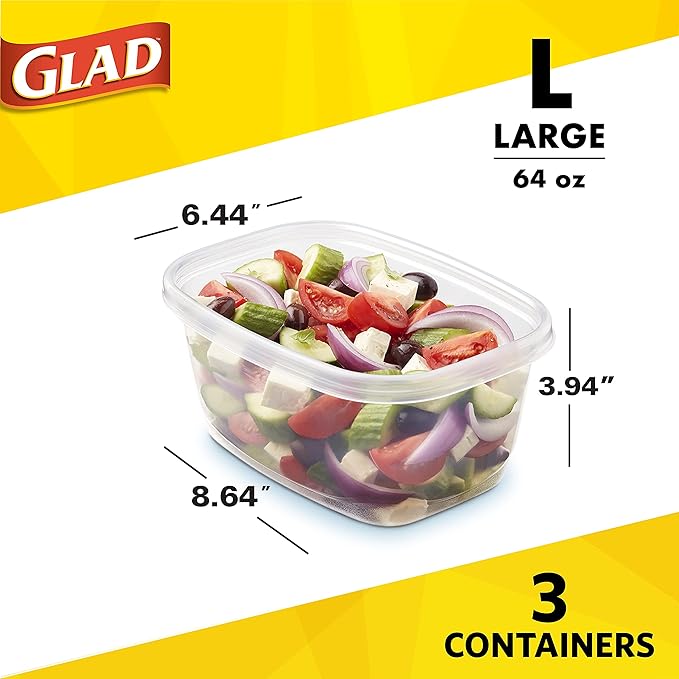 GladWare Home Deep Dish Food Storage Containers, Large Rectangle Holds 64 Ounces of Food, 3 Count Set | With Glad Lock Tight Seal, BPA Free Containers and Lids