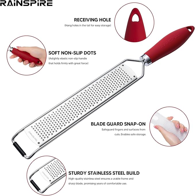 Rainspire Zester Grater with Handle, Lemon Zester Cheese Grater for Kitchen Stainless Steel, Parmesan Cheese Garlic Nutmeg Chocolate Fruits Vegetables Ginger Grater, Fine, Red