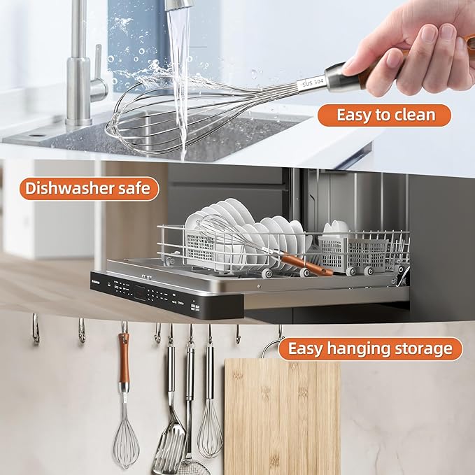 Stainless Steel Wire Whisk - Wooden Handle Kitchen Whisk - Balloon Whisk Egg Beater for Stirring Whisking Blending Mixing Egg Gravy Cake Batter Flour or Sauces.