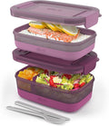 Ello 2-Pack Lunch Stack Plastic Food Storage Container Bento Box with Airtight, Leak-Proof Locking Plastic Lids and Silicone Base, BPA-Free, Freezer, Microwave, and Dishwasher Safe