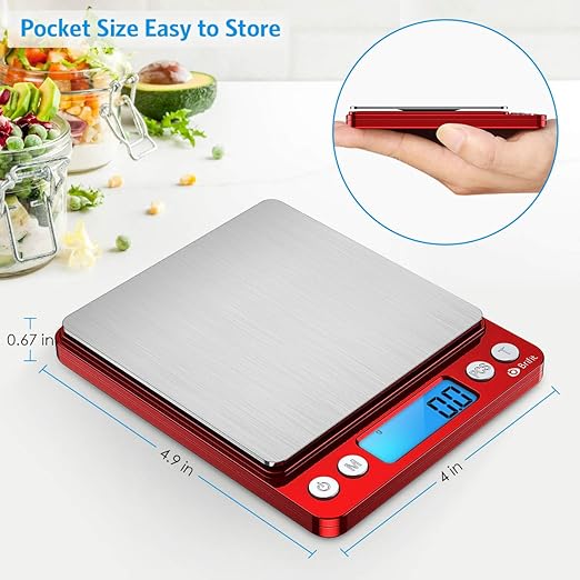 Digital Kitchen Scale, 3000g Pocket Cooking Scale with 0.1g Accuracy, Mini Food Scale, Pro Electronic Jewelry Scale with Back-Lit LCD Display, Tare & PCS Functions (Red, Batteries Included)