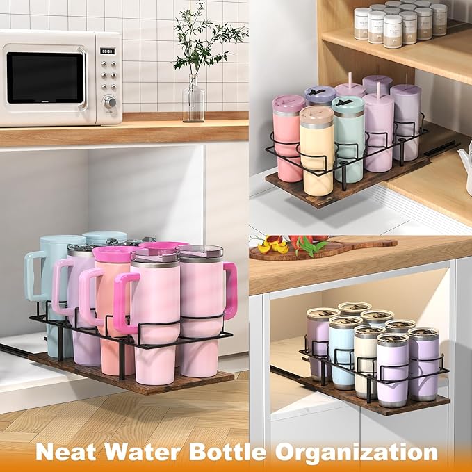 Housolution 2 Pack Pull Out Water Bottle Organizer for Cabinet, Slide Out Tumbler Storage Organizer for 10 to 40 oz Cups, Sliding Cup Holder Rack Compatible with Stanley and Other Brands (Patented)