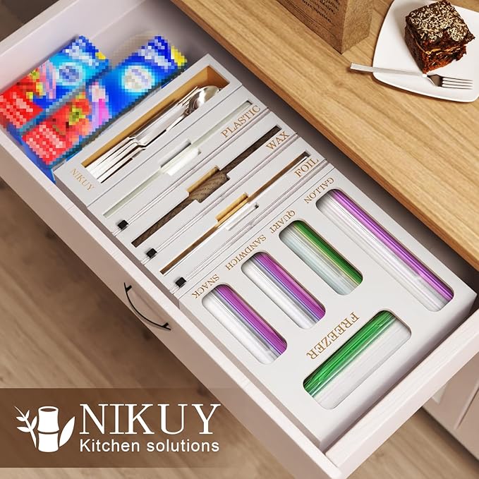Bamboo Foil and Plastic Wrap Organizer for Kitchen Drawer, 2024 New 9 in 1 Plastic Bag Organizer Organization and Storage, Food Storage Bag Organizer with Labels for Quart Gallon Snack (White)
