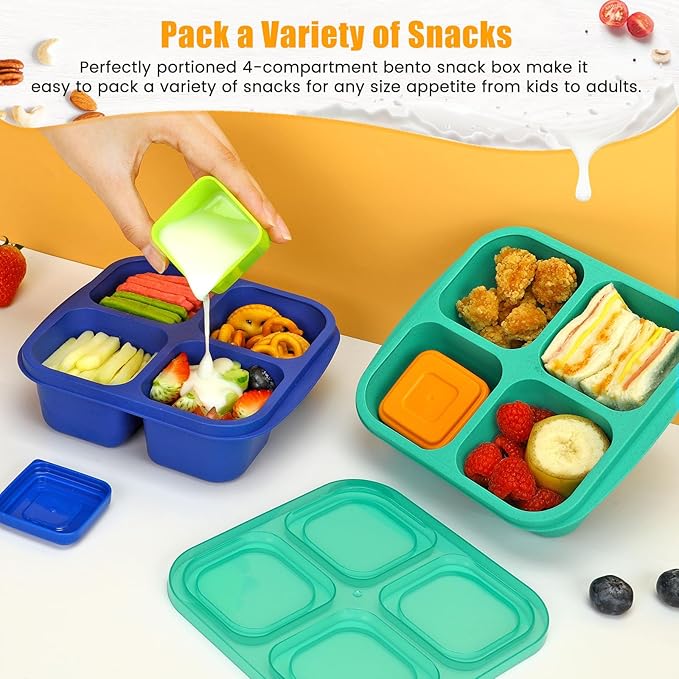 Caperci Lunchable Snack Containers - 4 Pack Bento Snack Boxes with 4-Compartment, 2 Leakproof Dip Cups, Reusable Divided Food Containers for School, Work, Travel (Jewel Brights)