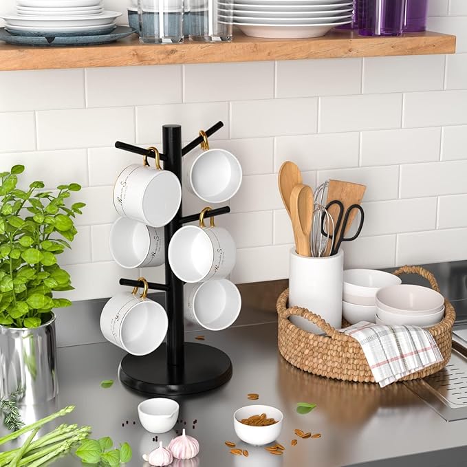 Wisuce Black Coffee Mug Tree, Updated Thick Bamboo Mug Holder Base,Coffee Cup Stand Mug Holders with 6 Hooks for Countertop Cup Rack Organizer Stand (Black)