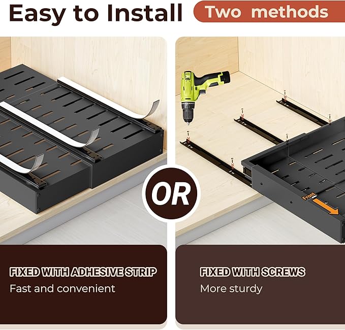 1 Pack Pull Out Drawers for Cabinets, Slide Out Drawer Expandable Width (12"-19") and Depth (17"-23") With 3 Slides, Fixed with Adhesive Film & Nail for Cabinets in Kitchen, Pantry or Bathroom - Black