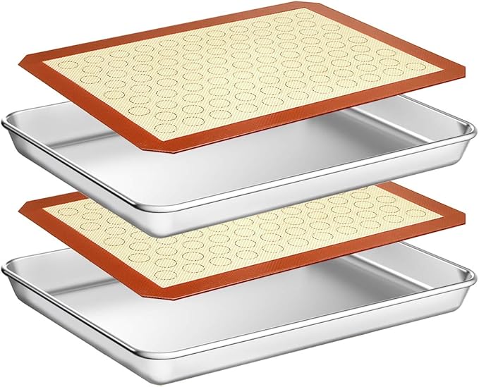 Wildone Baking Sheet with Silicone Mat Set, Set of 4 (2 Sheets + 2 Mats), Wildone Stainless Steel Cookie Sheet Baking Pan with Silicone Mat, Size 10 x 8 x 1 inch, Non Toxic & Heavy Duty & Easy Clean