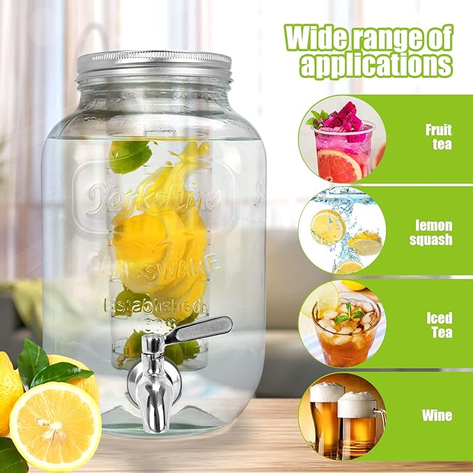 DD&HAPP Glass Drink Dispensers For Parties. 1.2 Gallon Beverage Dispensers With Stand And Stainless Steel Spigot .Lemonade Dispenser With Ice Cylinder.Mason Jars,Laundry Detergent Dispenser.