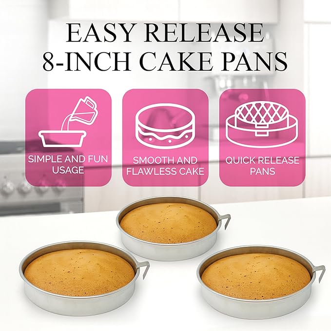Aunt Shannon's Kitchen 8 Inch Round Cake Pans, 3 Pack, Silver Cake Pan with a Built-in Swivel Blade, Easy Release Cake Pans Set for Baking, Baking Pans Set for 3-Layer Cake, Dishwasher Safe