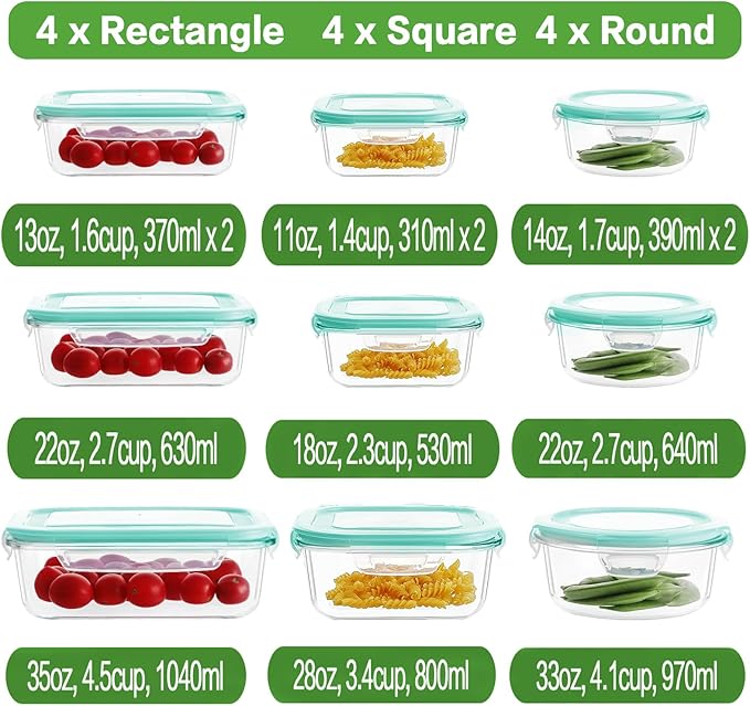 HOMBERKING 24pc Glass Food Storage Containers with Lids, Glass Meal Prep Containers, Airtight Bento Boxes, BPA Free & Leak Proof, Pantry Kitchen Storage(12 lids & 12 Containers) - Blue