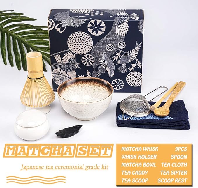 Bamboo Matcha Whisk and Bowl Set - Authentic Matcha Kit for Traditional Tea, 9 Pcs