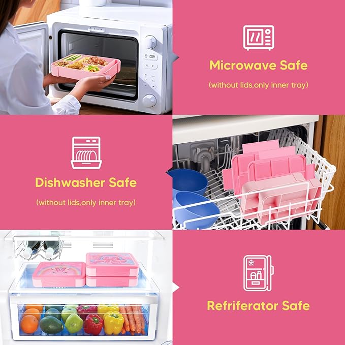 JYPS Bento Box for Kids,Leak-Proof Kids Lunch Box with 6 Compartments,Sauce Container,Utensils,BPA Free Microwave/Dishwasher Safe Lunch Container for Girls and Toddlers Back to School-Pink K