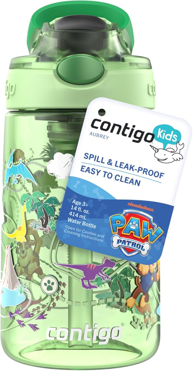 Contigo Aubrey Paw Patrol Leak-Proof Spill-Proof Water Bottle with Autospout, 14oz, Paw Patrol Dino Treks, Green
