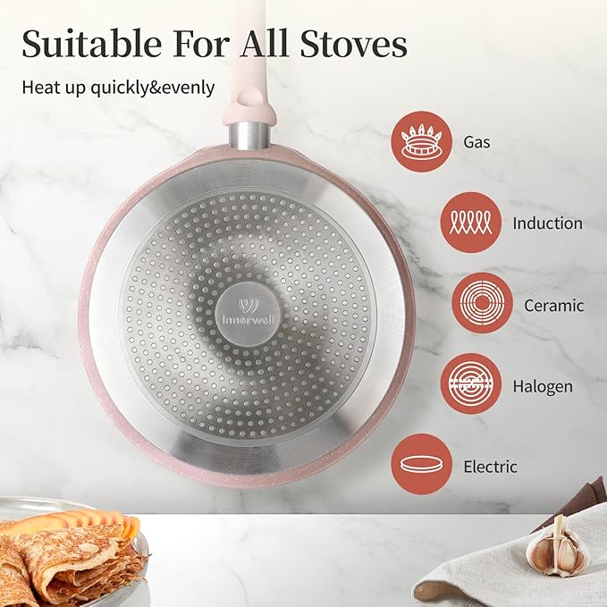 Innerwell Nonstick Crepe Pan, Granite Coating Flat Skillet Dosa Tawa Tortilla Pan, 10 inch Pink Pancake Griddle Roti Pan With Stay-Cool Handle, Induction Compatible, PFOA Free